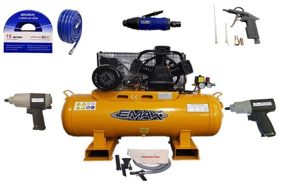 BONUS EMAX EMX3100KIT Air Compressor 3HP Heavy Duty Industrial Workshop Series 240v PLUS 5 AIR TOOLS & HOSE