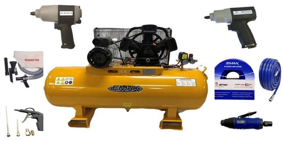 BONUS EMAX EMX3160KIT 3HP Belt Drive Compressor plus 5 Air Tools and Hose Heavy Duty Industrial Workshop Series