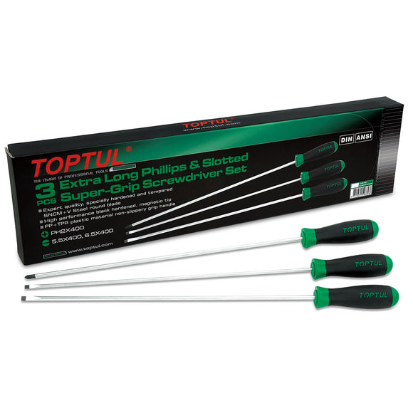 TOPTUL GAAE0306 Extra Long Super-Grip Screwdriver Set Slotted and Phillips 3pcs