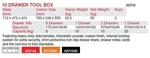 KC TOOLS A22104 Premium 10 Drawer Full Depth Toolbox 1 ONLY SHOP MARKE ...