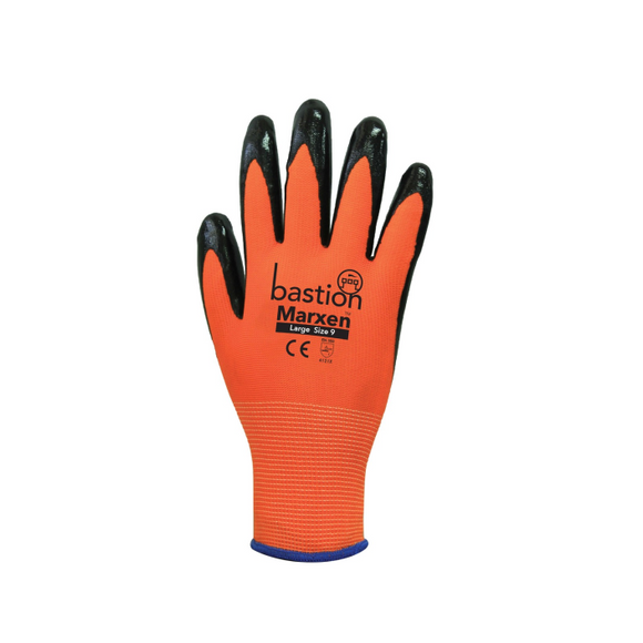 Bastion BSG34123 - Marxen - Hi Viz Orange Polyester Gloves Black Nitrile Coating (M)