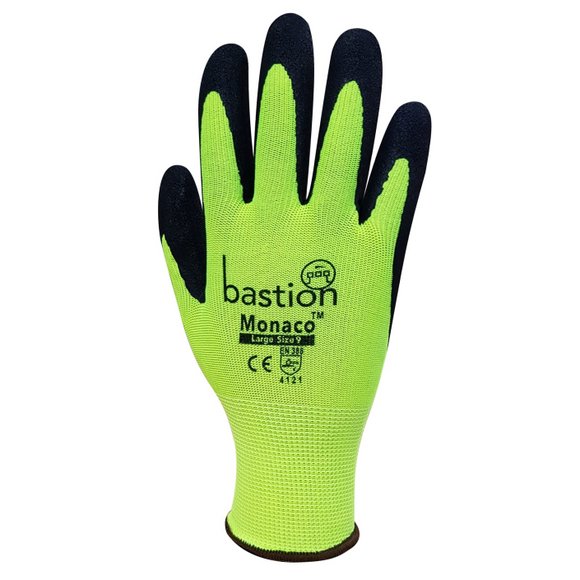 Bastion BSG35124 Monaco - Hi Viz Yellow Polyester Gloves Black Sandy Foam Nitrile Coating (L)